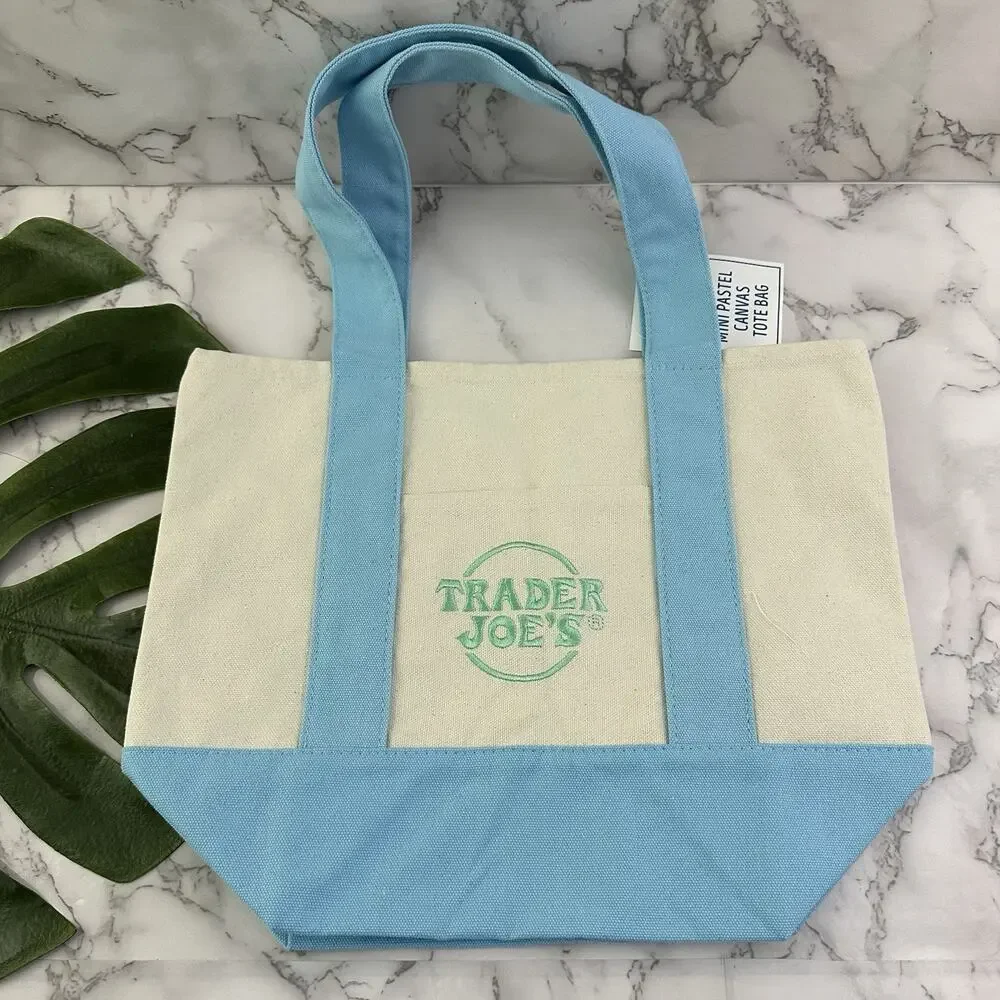Trader Joes Mini Pastel Canvas Tote Bag Set of 2 New Blue Mint Green Embroidered